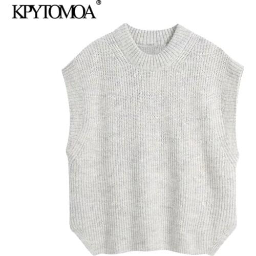KPYTOMOA Women 2021 Fashion Loose Side Vents Knitted Vest Sweater Vintage O Neck Sleeveless Female Waistcoat Chic Tops