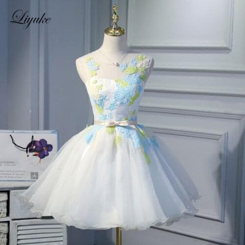 Liyuke Scalloped Neckline Colorful Prom Dress With Bow Sash A Line Strapless Party Dress Knee-Length Dress