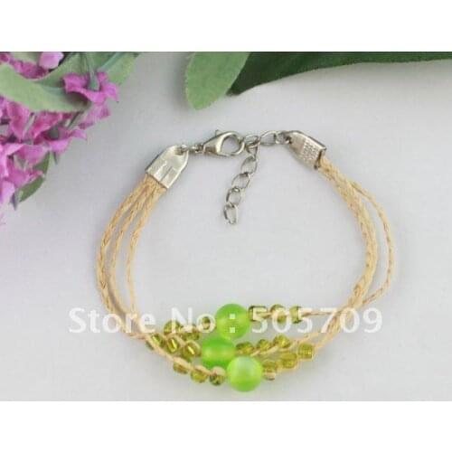 24PCS Green round bead Lucky Triple Raffia Bracelets #21675