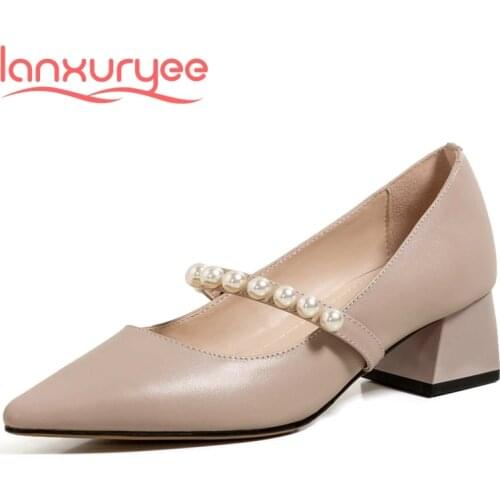 Lanxuryee large size gladiator real cow leather pearl decorations pointed toe thick med heel slip on young girls women pumps L08