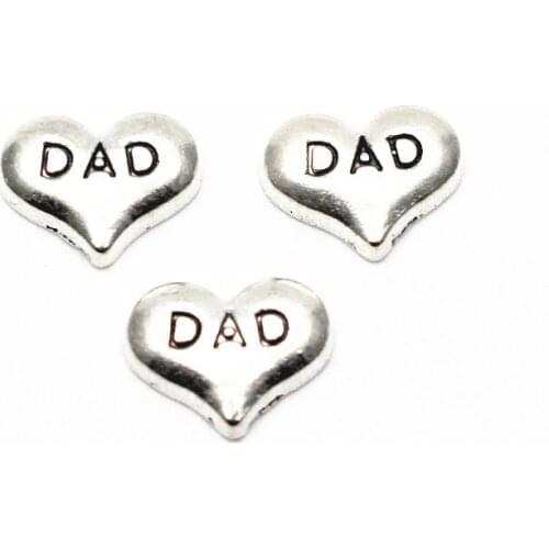 Hot Sale 10pcs/lot Metal Love DAD Heart Floating Charms For Living Glass Memory Floating Lockets Pendant Necklace DIY Jewelry