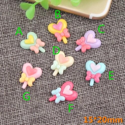 Cute Resin Cabochons Lovely heart Shape Lollipop Candy with Ribbon Bow Decorated Flatback Ornament Accessories 10pcs 15*20mm
