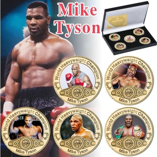5pcs Boxing Gold Plated Commemorative Coin Set with Coin Holder World Heavyweight Champion Souvenir Coin Sports Gift for Him