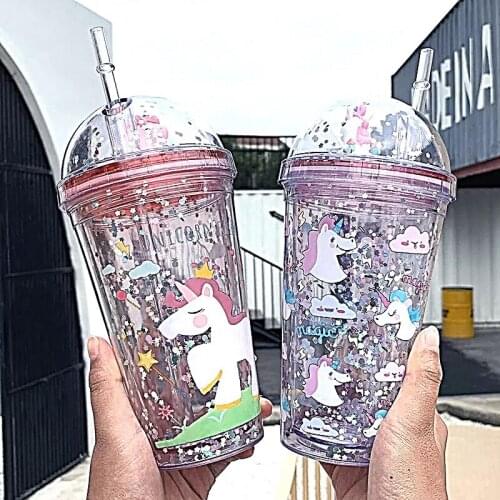 New Unicorn Water Cup, Straw Type, 350ml Student Girl Gift, Cute Cartoon Plastic Summer Drink Bottle