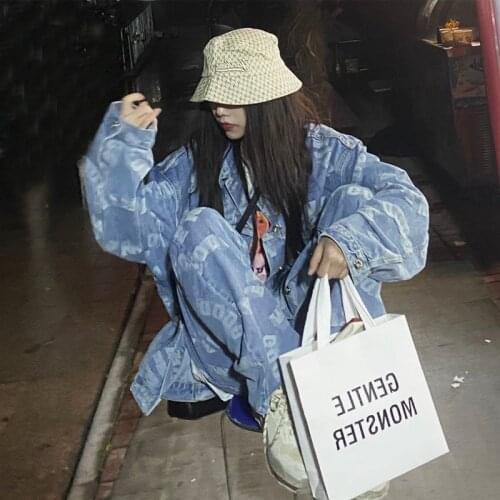 Summer new jacquard denim jacket + Korean loose hip-hop jacquard wide-leg pants suit