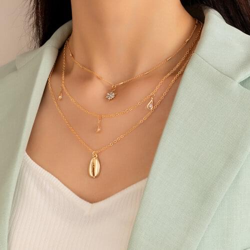 Tocona Bohemian Beach Shell Pendant Necklace Water Drop Opal Stone Sun Chian Multi-layer Chockers Women Accessories C15109