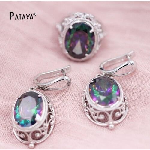 PATAYA Egyptian True White Gold Jewelry Sets Rainbow Crystal Oval Zircon Wedding Bridesmaid Summer Bride Earrings Ring Jewelry