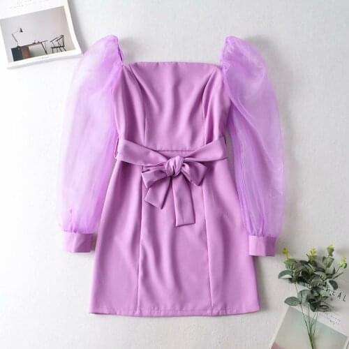 Europe and the United States wholesale fall 2020 one line collar splicing bubble long sleeve dress dlqz1154