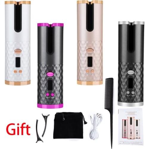 Cordless Automatic Hair Curler USB Rechargeable Curling Iron Curls Waves LCD Display Ceramic Curly Rotating Curling Wave Styer