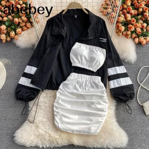 2021 New Summer Fashion turn-down collar long sleeve Sports Top + high waist pleated short wrap Skirt strapless Vest 3-piece set