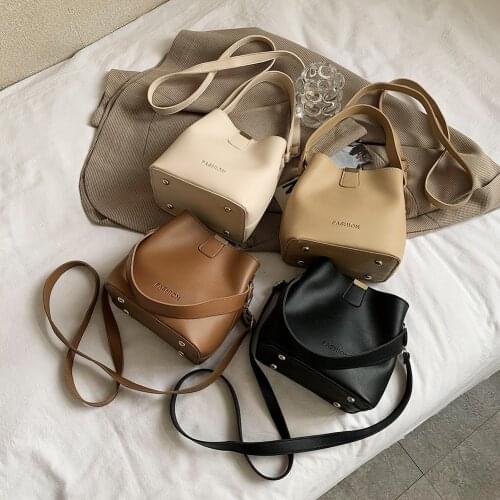 Women Casual Pure Color Shoulder Bucket Pouch Fashion Preppy Style PU Leather Small Handbags Portable Travel Crossbody Bag