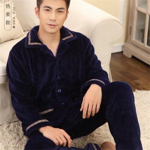 Warm Thicken Flannel Autumn Winter Man Home Clothes Fleece Male Pajamas Set Full Trousers Men 2pcs/set