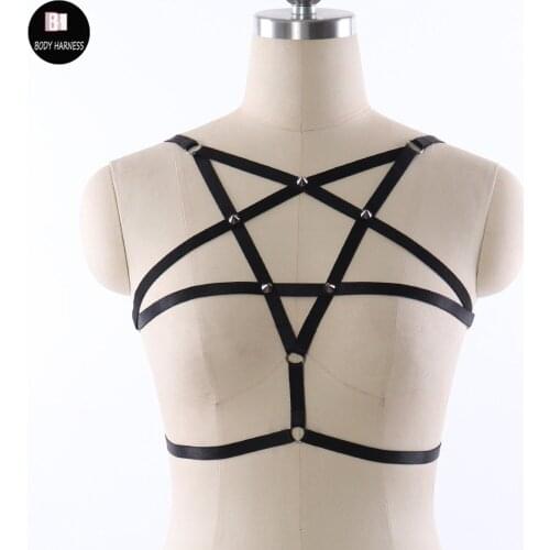 Pole Dance Top Pentagram Harness Cage Bra Sexy Goth Fetish Body Harness Lingerie Rave Body Bondage Harness Dress
