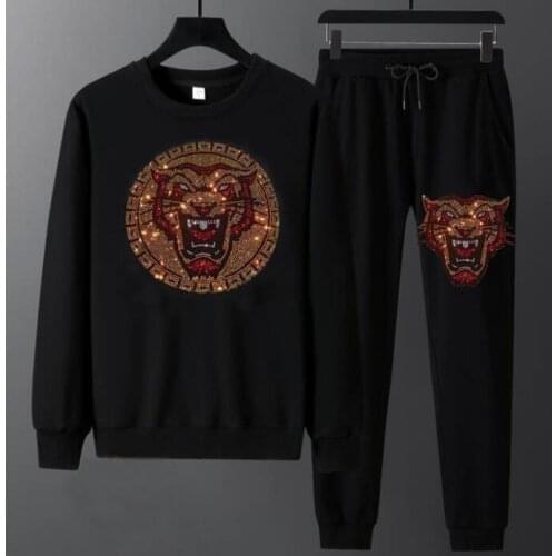 Top quality Flower and skull cool Fashion brand hot drill long sleeve tracksuit handsome two piece suit slim casual mens suit