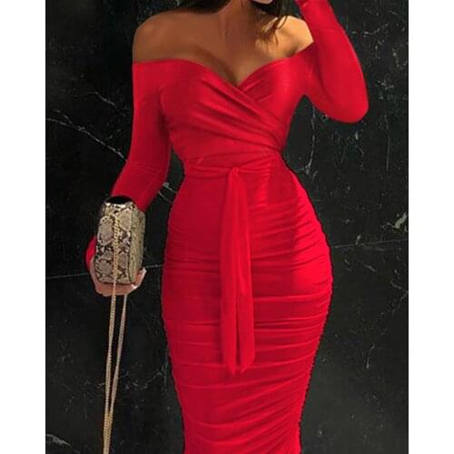 Women Plain Lace Up Off Shoulder Midi Bodycon Dress 2021 Femme traf Elegant Skinny Party Robe Lady Formal Evening Clothing