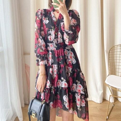 Women Dress Spring / Summer 100% Viscose 2020 New Dress Rose Print Irregular V-neck Midi Dress