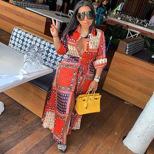 Vintage Printed Shirt Dress Women Y2K Turn-down Collar Button Long Sleeve Maxi Dress Elegant Loose Casual Dresses Robe Femme