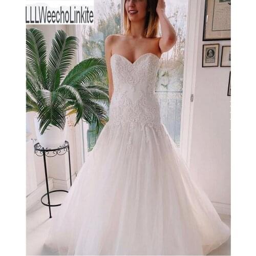White Lace Beading Tulle Mermaid/Trumpet Wedding Gowns Chapel Train Floor-Length Strapless Bridal Dresses