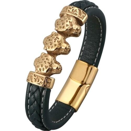 Golden Stainless Steel Leopard Head Bracelets Men Green Leather Rope Chain Wristband Magnet Buckle Bangles Punk Jewelry PD0839