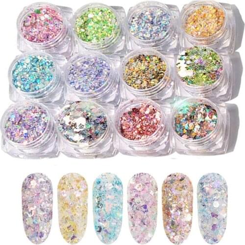 12Boxes/Set Nail Glitter Powder AB Colorful Symphony Nail Laser Sequins 12-color Super Sparkle Holographic Nail Tips Flakes #PT5