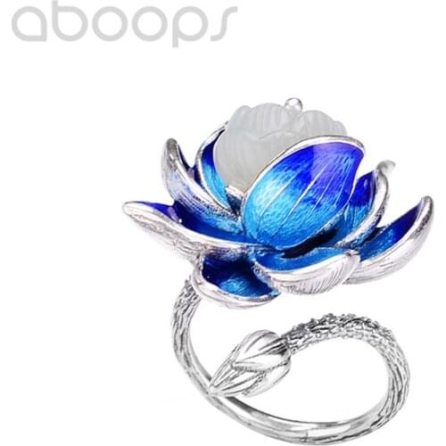 Chinese Style 925 Sterling Silver Enamel Lotus Flower Ring with White Hetian Jade,Adjustable Size 6-11,Free Shipping