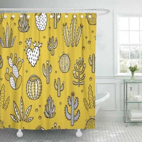 Abstract Cacti Pattern Black and White Succulent Yellow Baby Shower Curtain Waterproof Polyester Fabric 72 x 72 Inches with Hook