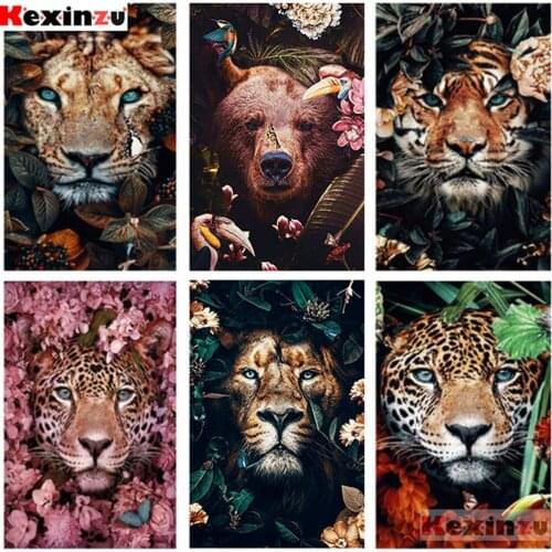 Diamond Full Diamond Embroidery 5d DIY Diamond Painting Cross Stitch Round Drill Tiger Lion Face& Flowers Picture of Rhinestones