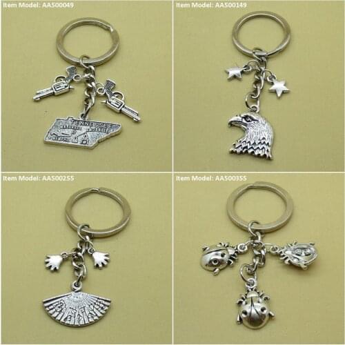 Keychain Keyring Tags Map Tennessee Gun Revolver Hawk Eagle Star Pentagram Fan Folding Palm Hand Child Bug Beetle Ladybug