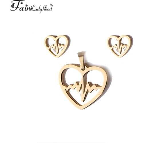 Fairladyhood Love Heart Earring Necklace Jewelry Set For Women Friendship Stainless Steel Wedding Jewellery