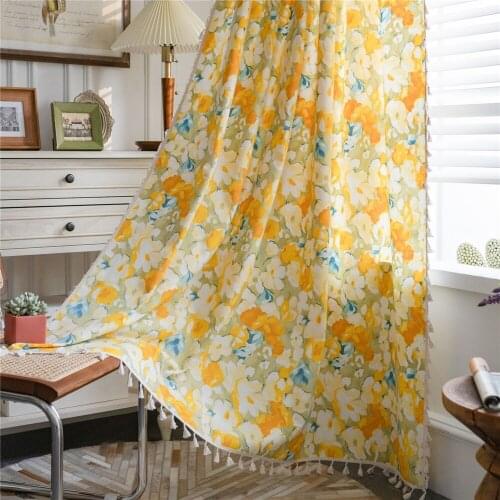 Cilected Nordic Ins Cotton Yellow Floral Print Tassel Curtains Home Semi-Shading Wear Rod Hanging Curtains Bay Window Curtains