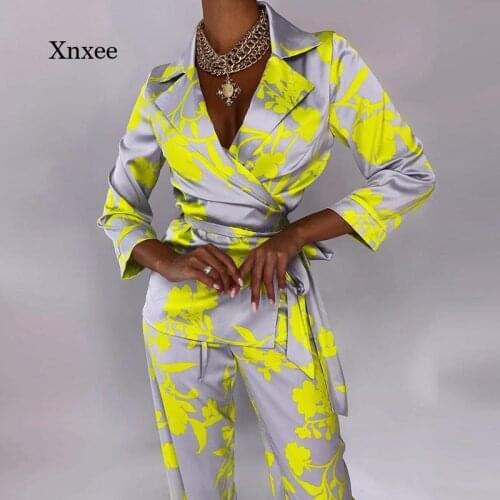 Women Satin Long Sleeve Turn-down Collar Blouse and Pants Set Comfortable Printing Casual 2pcs Suit Fashion Loose Home Wear