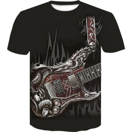 Mens clothing short-sleeved guitar skull 3D printed T-shirt mens summer breathable fashion casual street T-shirt