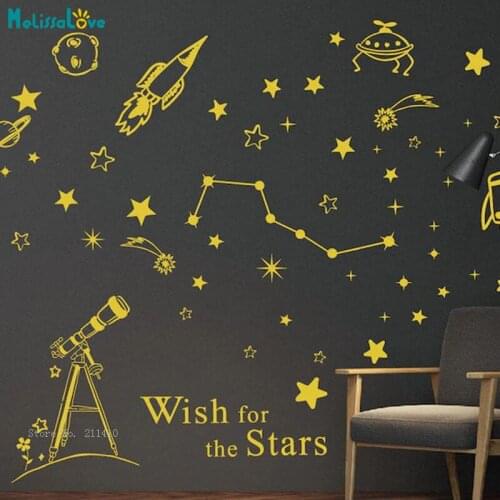 Wish For The Stars Alien Spaceship Rocket Wall Stickers Nursery Kids Boys Room Decor Removable Murals DIY Decals YT6319