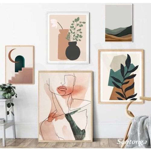 Boho Style Canvas Painting Mid Century Abstract Line Print Poster Terracotta Plants Wall Art Pictures Bedroom Living Room Decor