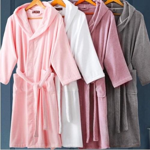 Nightgown hotel bathrobe men and women autumn winter cotton towel material hooded pajamas absorbent swimming large size robe
