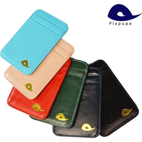 Plapupa 100% Cow Leather Vertical Slim Credit Card Holder with 5 id card pockets