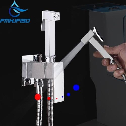 FMHJFISD Bidet Faucet Brass Shower Tap Washer Mixer Muslim Ducha Higienica Cold Hot Water Mixer Crane Square Shower Sprayer Head