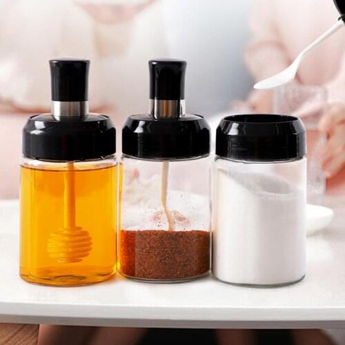 1PC Glass Spice Container Clear Seasoning Bottle Condiment Jar Oil Honey Dispenser Spice Case With Spoon Kitchen Accessories