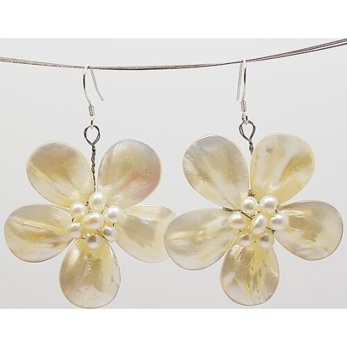 Wedding Birthday Gift Women Jewelry White Real Freshwater Pearl Shell Flower Dangle Earrings Handmade Perfect Chirstmas gift