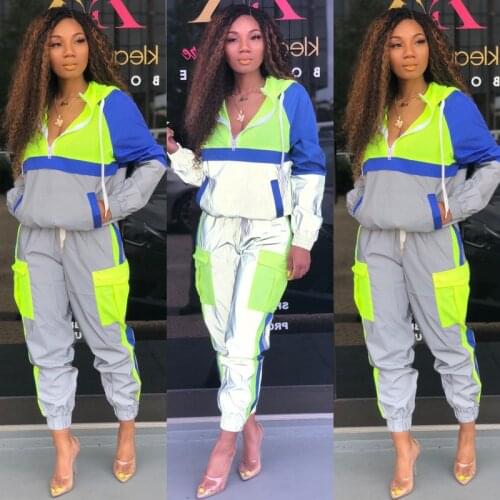 Color Block Night Version Reflective Tracksuit Womans Outfits Streetwear Two Piece Set Zipper Hooded Top and Pants Sweat Suits