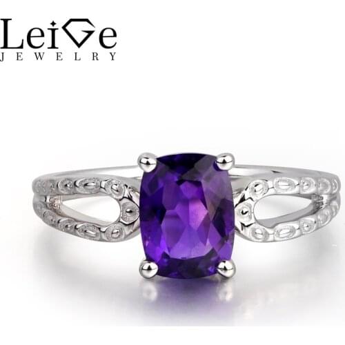 Leige Jewelry Natural Amethyst Purple Color Gemstone Cushion Cut Engagement Rings Romantic Gifts February Birthstone 925 Silver
