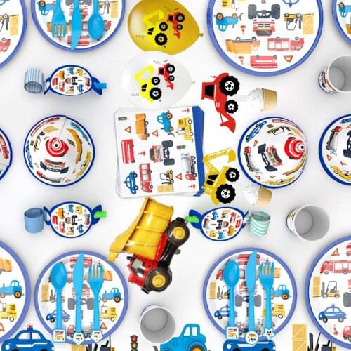 Kid Party Decoration Construction Vehicle Excavator Tableware Set Balloon Globos Cake Topper Banner For Birthday Wedding Party