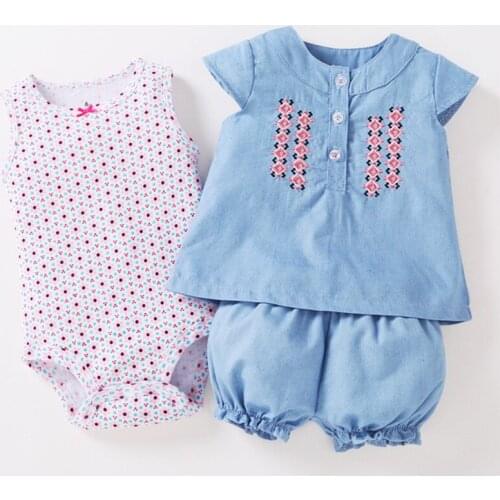 2018 Spring Summer Baby girl clothes set kids bebes clothing summer set thin cowboy fabric baby romper style Sets bodysuit
