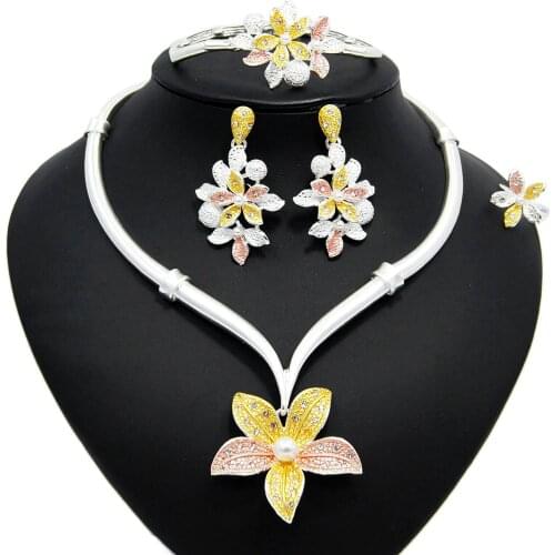 Yulaili Vintage Dubai Jewelry Sets Charm Flowers Necklace Bracelet Earrings Ring for Women Wedding Party Silver Color Jewelery