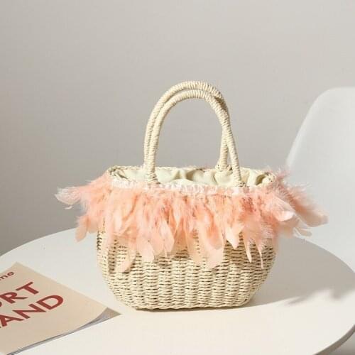 2021 New Fashion Feather Tassel Straw Bag for Women Portable Rattan Handbag Travel Holiday Female Woven Beach Bag Small Purses