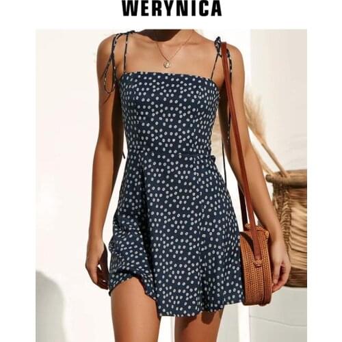 Werynica Summer Women Flower Decorated Print Dress Off-shoulder Party Beach Sundress Boho Spaghetti Mini Sexy A-Line Dresses