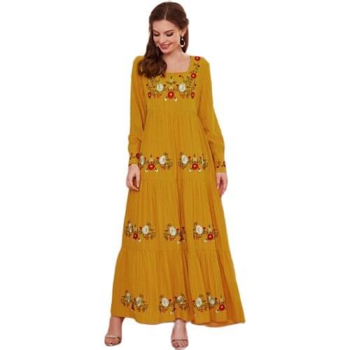 For Lovers Womens Round Neck Long Sleeve Fashion Yellow Solid Flower Embroidery Multi-Layer Pleated Patchwork Robe Mc2234