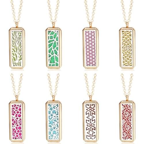 Gold Stainless Steel Open Perfume Locket Pendant Rectangle Aromatherapy Necklace Essential Oils Diffuser Necklace Locket Jewelry