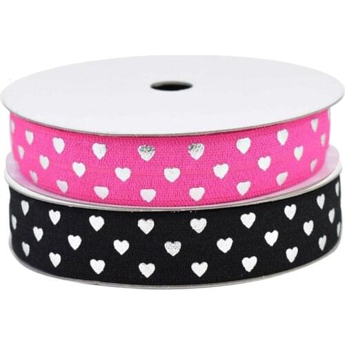 100yards 5/8"16mm Silver foil polka hearts printed FOE fold over elastic ribbon for Valentine wedding welcome custom printed