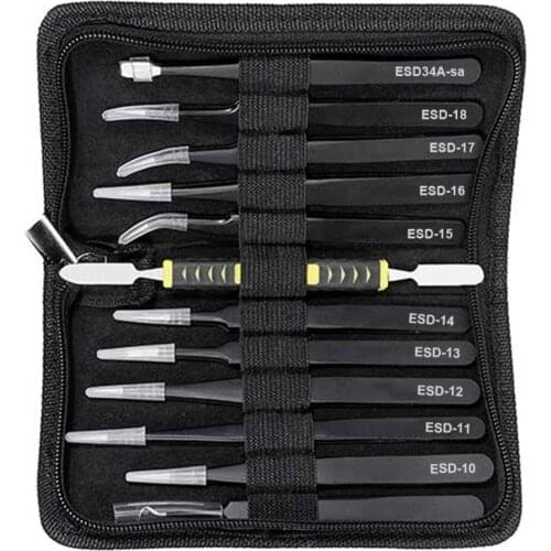 12PCs/set Durable Industrial Tweezers ESD Anti-staticTweezers Tools Non-magnetic Stainless Steel Multi-standard Storage Kit Bag